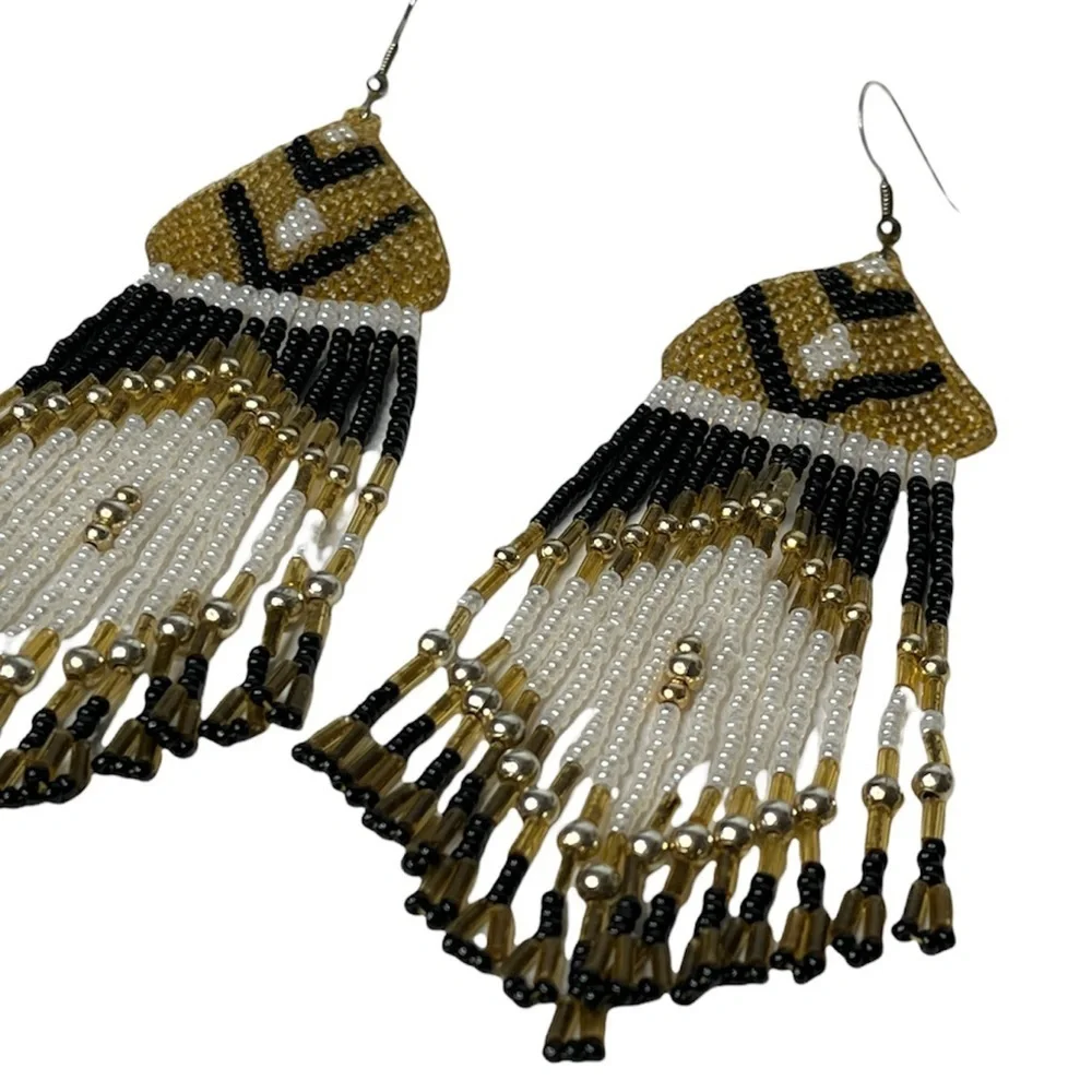 Gorgeous Seed Bead Native American Style Earrings Gold Black‎ White Geometric